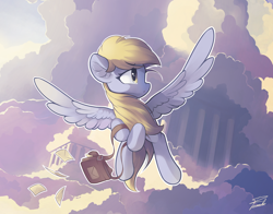 Size: 2800x2200 | Tagged: safe, artist:freeedon, character:derpy hooves, species:pegasus, species:pony, cloud, column, female, flying, head turn, letter, looking away, mailbag, mare, solo, spread wings, windswept mane, wings
