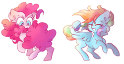 Size: 5452x2814 | Tagged: safe, artist:pinkablue, character:pinkie pie, character:rainbow dash, species:earth pony, species:pegasus, species:pony, ship:pinkiedash, biting, cute, female, hnnng, lesbian, mare, shipping, smiling, tail bite