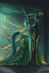 Size: 1000x1500 | Tagged: safe, artist:plainoasis, character:queen chrysalis, species:changeling, alternate hairstyle, changeling queen, clothing, dress, ear piercing, earring, female, jewelry, piercing, solo, tail wrap