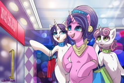Size: 800x533 | Tagged: safe, artist:trojan-pony, character:cookie crumbles, character:rarity, character:sweetie belle, species:pony, species:unicorn, bipedal, collar, commission, family, female, food, mare, mother and daughter, purse, sapphire eye rarity, semi-anthro, shopping, sisters, smiling