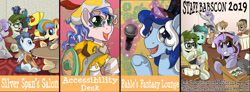 Size: 1280x470 | Tagged: safe, artist:lostinthetrees, oc, oc only, oc:bonita, oc:golden gates, oc:silver span, oc:trees, species:earth pony, species:pegasus, species:pony, babscon, coffee, computer, female, laptop computer, mare, printer