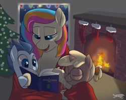Size: 1024x815 | Tagged: safe, artist:lostinthetrees, oc, oc only, oc:copper chip, oc:golden gates, oc:silver span, species:pegasus, species:pony, species:unicorn, babscon, book, christmas, christmas stocking, christmas tree, colt, female, filly, fireplace, holiday, male, mare, tree