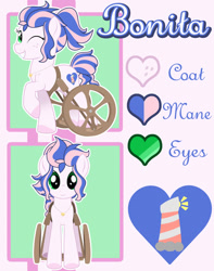 Size: 1024x1300 | Tagged: safe, artist:lostinthetrees, oc, oc:bonita, species:earth pony, species:pony, babscon mascots, female, mare, one eye closed, reference sheet, solo, wheelchair, wink