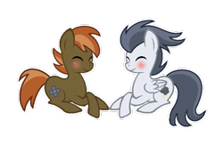 Size: 769x500 | Tagged: safe, artist:caecii, artist:darbypop1, base used, character:button mash, character:rumble, species:pony, blushing, eyes closed, gay, male, older, prone, rumblemash, shipping, simple background, smiling, stallion, transparent background