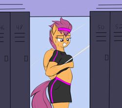 Size: 1800x1600 | Tagged: safe, artist:cosmonaut, artist:pacificside18, character:scootaloo, species:anthro, species:pegasus, species:pony, admiring, belly, clothing, gym, locker room, lockers, mirror, pregnant, pregnant scootaloo, room, shirt, shorts, showing, sweat
