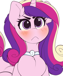 Size: 2072x2527 | Tagged: safe, artist:kribbles, character:princess cadance, species:alicorn, species:pony, :<, blushing, bust, cadance is not amused, chest fluff, choker, cute, cutedance, female, frown, hnnng, horn, serious, serious face, simple background, unamused, white background