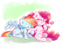 Size: 1000x734 | Tagged: safe, artist:pinkablue, character:pinkie pie, character:rainbow dash, species:earth pony, species:pegasus, species:pony, ship:pinkiedash, abstract background, blushing, cute, eyes closed, female, hnnng, hoof kissing, kissing, lesbian, mare, shipping, sitting, smiling