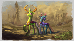 Size: 2558x1440 | Tagged: safe, artist:plainoasis, character:pharynx, character:prince pharynx, character:thorax, species:changeling, species:reformed changeling, changedling brothers, desert, duo