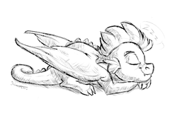 Size: 600x400 | Tagged: safe, artist:shimazun, character:spike, species:dragon, eyes closed, grayscale, male, monochrome, prone, simple background, sleeping, solo, white background, winged spike, wings, zzz