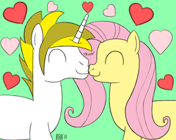 Size: 1000x800 | Tagged: safe, artist:bigbullybiggs, artist:pacificside18, character:fluttershy, oc, oc:white heart, species:pegasus, species:pony, species:unicorn, boop, canon x oc, female, green background, heart, male, mutual booping, noseboop, shipping, simple background, straight