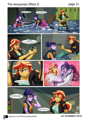 Size: 1681x2344 | Tagged: safe, artist:atariboy2600, artist:bluecarnationstudios, character:sunset shimmer, character:twilight sparkle, character:twilight sparkle (scitwi), species:eqg human, comic:the amazonian effect, comic:the amazonian effect ii, ship:scitwishimmer, ship:sunsetsparkle, my little pony:equestria girls, blushing, canterlot high, clothing, comic, cute, destruction, dialogue, explicit series, female, first person view, flashback, glasses, lab coat, lesbian, offscreen character, pov, shipping, trio, twiabetes, twolight