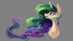 Size: 1920x1080 | Tagged: safe, artist:plainoasis, character:princess celestia, species:alicorn, species:pony, bust, female, gray background, open mouth, portrait, profile, simple background, smiling, solo