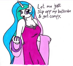 Size: 1227x1103 | Tagged: safe, artist:killerteddybear94, character:princess celestia, species:alicorn, species:anthro, species:pony, bathrobe, breasts, busty princess celestia, cleavage, clothing, cropped, dialogue, female, looking at you, mare, nightgown, open mouth, robe, smiling, stripping, stupid sexy celestia, suggestive source, talking to viewer, traditional art