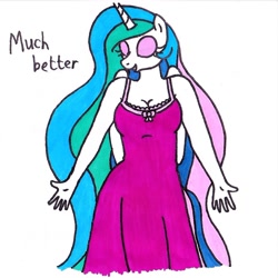 Size: 1082x1083 | Tagged: safe, artist:killerteddybear94, character:princess celestia, species:alicorn, species:anthro, species:pony, breasts, busty princess celestia, cleavage, clothing, cropped, eyes closed, female, mare, nightgown, stupid sexy celestia, suggestive source, talking to viewer, traditional art