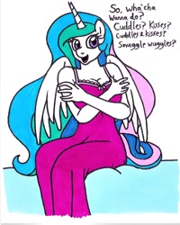 Size: 1080x1352 | Tagged: safe, artist:killerteddybear94, character:princess celestia, species:alicorn, species:anthro, species:pony, breasts, busty princess celestia, clothing, cropped, cuddling, cute, cutelestia, dialogue, female, hug request, looking at you, mare, nightgown, open mouth, simple background, spread wings, stupid sexy celestia, suggestive source, talking to viewer, traditional art, white background, wings