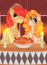 Size: 3206x4388 | Tagged: safe, artist:kribbles, character:bright mac, character:pear butter, art pack:first date, ship:brightbutter, blushing, candle, date, female, imminent kissing, lady and the tramp, looking away, male, romantic, shipping, spaghetti scene, straight