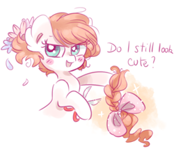 Size: 1000x866 | Tagged: safe, artist:pinkablue, oc, oc only, oc:flowering, species:earth pony, species:pony, alternate hairstyle, blushing, bow, braid, bust, description is relevant, dialogue, ear fluff, female, flower, flower in hair, hair bow, haircut, hoof hold, i'm not cute, looking at you, mare, scissors, short hair