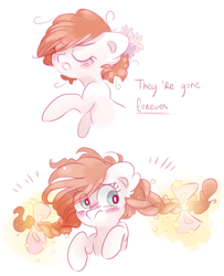 Size: 1429x1758 | Tagged: safe, artist:pinkablue, oc, oc only, oc:flowering, species:earth pony, species:pony, alternate hairstyle, blushing, bow, braid, braided pigtails, bust, comic, description is relevant, dialogue, ear fluff, eyes closed, female, flower, flower in hair, hair bow, hair growth, magic glow, mare, pigtails, short hair, simple background, white background