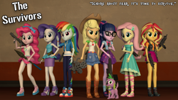 Size: 4096x2304 | Tagged: safe, artist:aryatheeditor, character:applejack, character:fluttershy, character:pinkie pie, character:rainbow dash, character:rarity, character:spike, character:spike (dog), character:sunset shimmer, character:twilight sparkle, character:twilight sparkle (scitwi), species:dog, species:eqg human, g4, my little pony: equestria girls, my little pony:equestria girls, 3d, gun, handgun, humane five, humane seven, humane six, pistol, rifle, rocket launcher, sandals, shoes, sneakers, source filmmaker, uzi, weapon