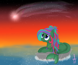 Size: 1147x958 | Tagged: safe, artist:silversthreads, oc, oc:sea jade, species:pony, aquapony, female, jewelry, mare, ocean, shooting star, solo, sunset
