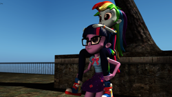 Size: 1920x1080 | Tagged: safe, artist:aryatheeditor, character:rainbow dash, character:twilight sparkle, character:twilight sparkle (scitwi), species:eqg human, my little pony:equestria girls, 3d, clothing, converse, female, glasses, humans riding humans, pants, piggyback ride, shoes, sneakers, source filmmaker