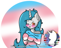 Size: 1303x1037 | Tagged: safe, artist:phenioxflame, base used, oc, oc only, oc:phenioxflame, species:anthro, species:pony, species:unicorn, blushing, female, messy mane, pride, pride month, simple background, solo, tongue out, trans female, transgender, transgender pride flag, transparent background