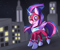 Size: 1043x880 | Tagged: safe, artist:brok-enwings, character:masked matter-horn, character:twilight sparkle, character:twilight sparkle (alicorn), species:alicorn, species:pony, episode:power ponies, g4, my little pony: friendship is magic, city, clothing, female, heroine, mare