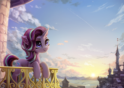 Size: 2121x1500 | Tagged: safe, artist:inowiseei, character:starlight glimmer, species:pony, species:unicorn, architecture, balcony, building, canterlot, castle, cloud, cloudy, contrail, cute, detailed hair, detailed mane, female, fluffy, glimmerbetes, grass, grass field, hill, leaning, leaning forward, leaning on fence, leaning on something, looking up, mare, mountain, mountain range, neck fluff, river, roof, scenery, sky, smiling, solo, sun, sunrise, sunset, tower