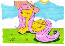 Size: 3490x2460 | Tagged: safe, artist:killerteddybear94, character:fluttershy, species:pegasus, species:pony, clothing, cloud, cute, cutie mark, eyes closed, female, grass, hat, mare, on stomach, shyabetes, smiling, sun, sun hat, traditional art