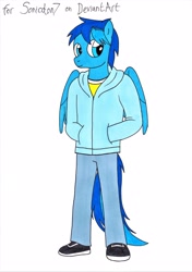 Size: 2462x3492 | Tagged: safe, artist:killerteddybear94, oc, oc:karma, species:anthro, species:pegasus, species:pony, clothing, hands in pockets, hoodie, jeans, looking away, pants, requested art, shoes, traditional art, wings