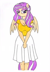 Size: 2438x3491 | Tagged: safe, artist:killerteddybear94, oc, oc:vanilla pearl, species:anthro, species:pegasus, species:pony, breasts, clothing, ear piercing, earring, jewelry, looking at you, mature, necklace, pearl necklace, piercing, shirt, skirt, smiling, t-shirt, traditional art, wings