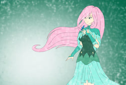Size: 3331x2241 | Tagged: safe, artist:pyrus-leonidas, character:fluttershy, species:bird, species:human, abstract background, beautiful, clothing, dress, druid, fantasy class, female, flutterdruid, humanized, looking at something, smiling, solo, windswept hair