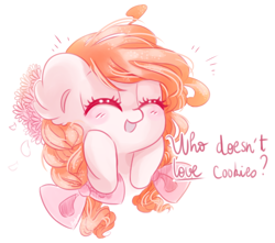 Size: 1112x984 | Tagged: safe, artist:pinkablue, oc, oc only, oc:flowering, species:earth pony, species:pony, blushing, bow, braid, braided pigtails, bust, cute, description is relevant, dialogue, ear fluff, eyes closed, female, flower, flower in hair, hair bow, mare, ocbetes, pigtails, simple background, solo, white background