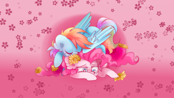 Size: 1920x1080 | Tagged: safe, artist:pinkablue, edit, character:pinkie pie, character:rainbow dash, species:earth pony, species:pegasus, species:pony, ship:pinkiedash, ear fluff, eyes closed, female, flower, flower in hair, lesbian, mare, shipping, wallpaper, wallpaper edit