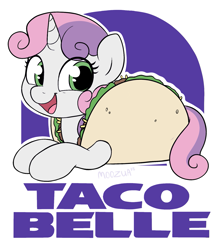 Size: 1477x1695 | Tagged: safe, artist:moozua, character:sweetie belle, species:pony, cute, diasweetes, fast food, female, food, horse meat, meat, moozua is trying to murder us, pony as food, pun, smiling, solo, sweet dreams fuel, taco, taco bell, taco belle, visual gag