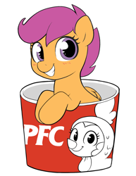 Size: 1264x1639 | Tagged: safe, artist:moozua, character:pinkie pie, character:scootaloo, species:bird, species:chicken, species:pegasus, species:pony, animal costume, blushing, chicken pie, chicken suit, clothing, costume, cute, cutealoo, female, filly, kfc, moozua is trying to murder us, overused joke, scootachicken, scootaloo is not a chicken, simple background, solo, white background