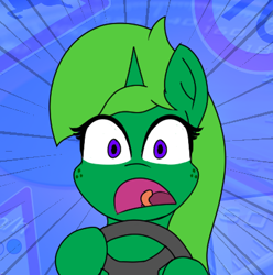 Size: 403x407 | Tagged: safe, artist:limedreaming, oc, oc only, oc:lime dream, species:pony, species:unicorn, driving, female, freckles, learning, learning to drive, shocked, signs, traffic sign