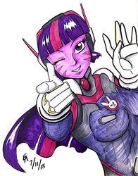 Size: 800x1021 | Tagged: safe, artist:mayorlight, character:twilight sparkle, my little pony:equestria girls, bodysuit, clothing, cosplay, costume, d.va, female, looking at you, one eye closed, overwatch, pointing at you, simple background, solo, traditional art, white background, wink