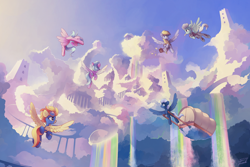 Size: 6000x4000 | Tagged: safe, artist:freeedon, character:cloudchaser, character:derpy hooves, character:fleetfoot, character:flitter, character:night glider, character:spitfire, species:pegasus, species:pony, absurd resolution, beautiful, city, clothing, cloud, cloudscape, cloudsdale, female, flying, mare, rainbow, rainbow waterfall, scenery, sky, uniform, wonderbolts uniform