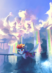 Size: 4346x6072 | Tagged: safe, artist:freeedon, character:rainbow dash, species:pegasus, species:pony, g4, absurd resolution, cloudscape, cloudsdale, colored pupils, female, flying, mare, phone wallpaper, rainbow waterfall, scenery, signature, smiling, solo, spread wings, wings