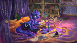 Size: 1920x1080 | Tagged: safe, artist:plainoasis, character:princess luna, species:alicorn, species:pony, g4, book, bookshelf, crown, cute, donut, female, food, hourglass, indoors, inkwell, interior, jewelry, lying down, mare, mess, on floor, painting, plot, quill, reading, regalia, solo, tail, underhoof, waiting