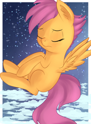 Size: 552x754 | Tagged: safe, artist:brok-enwings, character:scootaloo, species:pegasus, species:pony, cloud, eyes closed, sky, snow, stars