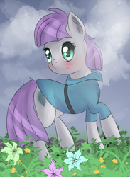 Size: 774x1055 | Tagged: safe, artist:brok-enwings, character:maud pie, species:earth pony, species:pony, blushing, cloud, female, flower, grass, mare, sky, solo