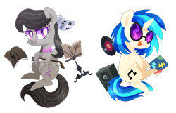 Size: 3000x1928 | Tagged: safe, artist:yaaaco, character:dj pon-3, character:octavia melody, character:vinyl scratch, species:earth pony, species:pony, species:unicorn, bow (instrument), bow tie, cello bow, cutie mark, female, horn, lineless, mare, pointy ponies, record, simple background, smiling, sunglasses, transparent background