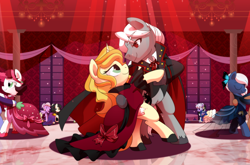 Size: 1700x1125 | Tagged: safe, artist:yokokinawa, oc, oc:dracula, oc:spooksberry, oc:vive, species:earth pony, species:pony, species:unicorn, blonde, bow, cape, clothing, dancing, dress, elegant, fancy, female, gala dress, group, looking at each other, male, microsoft, night, red eyes, red light, saloon dress, shoes, straight, suit, vampire, vampony, windows