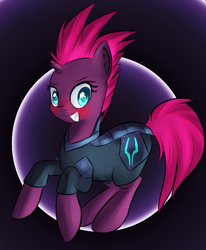 Size: 599x726 | Tagged: safe, artist:brok-enwings, character:fizzlepop berrytwist, character:tempest shadow, species:pony, species:unicorn, my little pony: the movie (2017), armor, blushing, broken horn, eye scar, female, scar, solo
