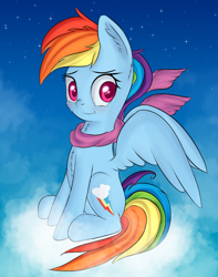 Size: 744x945 | Tagged: safe, artist:brok-enwings, character:rainbow dash, species:pegasus, species:pony, clothing, cloud, female, scarf, sitting, smiling, solo, stars