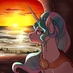 Size: 2000x2000 | Tagged: safe, artist:shimazun, character:princess celestia, species:alicorn, species:pony, alternate hairstyle, alternate universe, female, mare, middle ages, middle ages au, solo, window