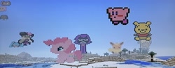 Size: 3250x1270 | Tagged: safe, artist:theanimefanz, character:pinkie pie, 100th artist post, callie (splatoon), connie maheswaran, cookie cat, crossover, death note, flareon, hatsune miku, kirby, kirby (character), minecraft, minecraft pixel art, misa amane, pixel art, pokémon, pokémon red and blue, raven (teen titans), rose quartz (steven universe), splatoon, steven universe, winnie the pooh