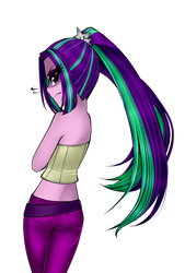 Size: 1200x1773 | Tagged: safe, artist:nekojackun, character:aria blaze, equestria girls:rainbow rocks, g4, my little pony: equestria girls, my little pony:equestria girls, angry, ass, clothing, female, looking back, midriff, pants, simple background, solo, unamused, white background